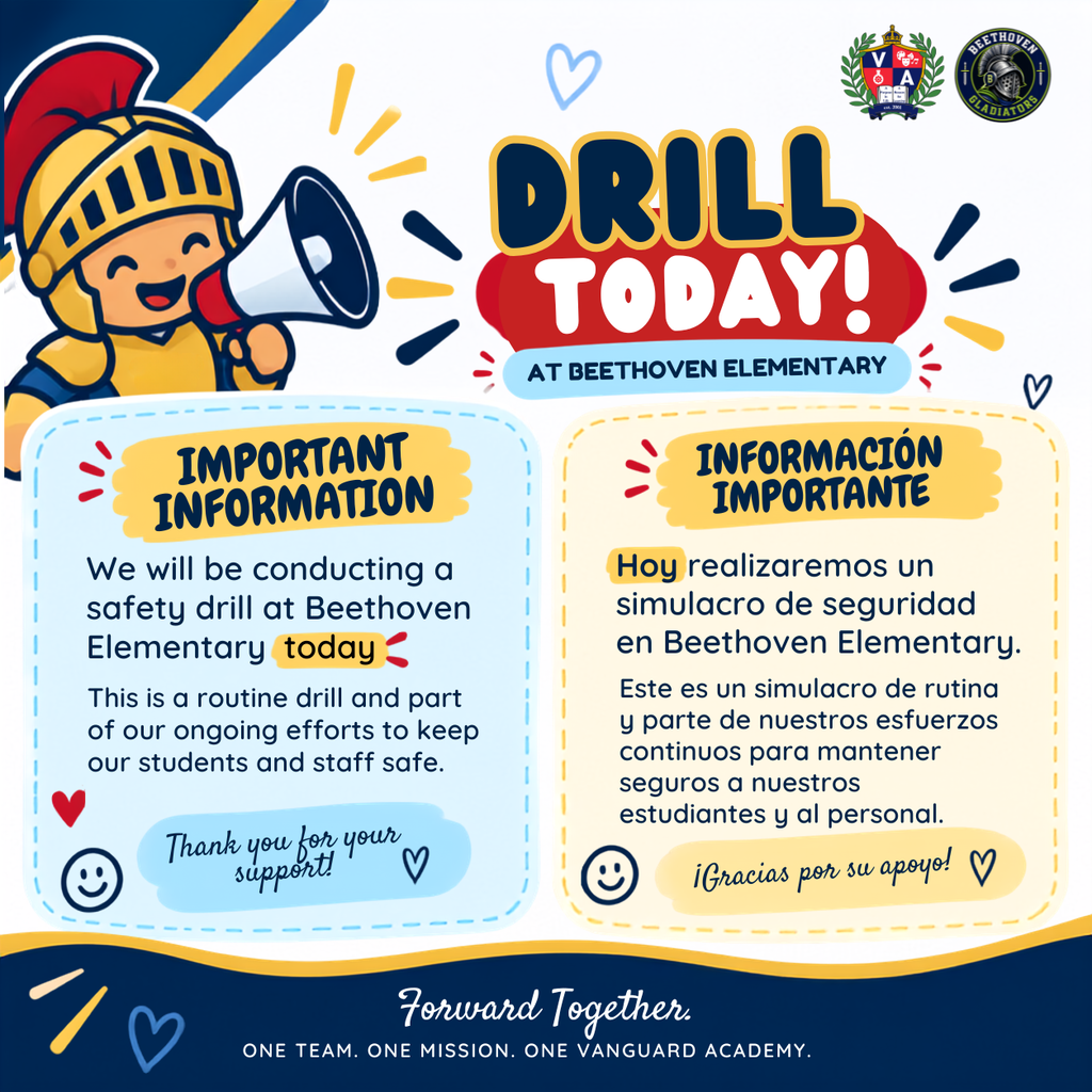 Poster with "Drill Today!" in bold. Two icons with text, one in English and one in Spanish, and a smiling knight with a megaphone.