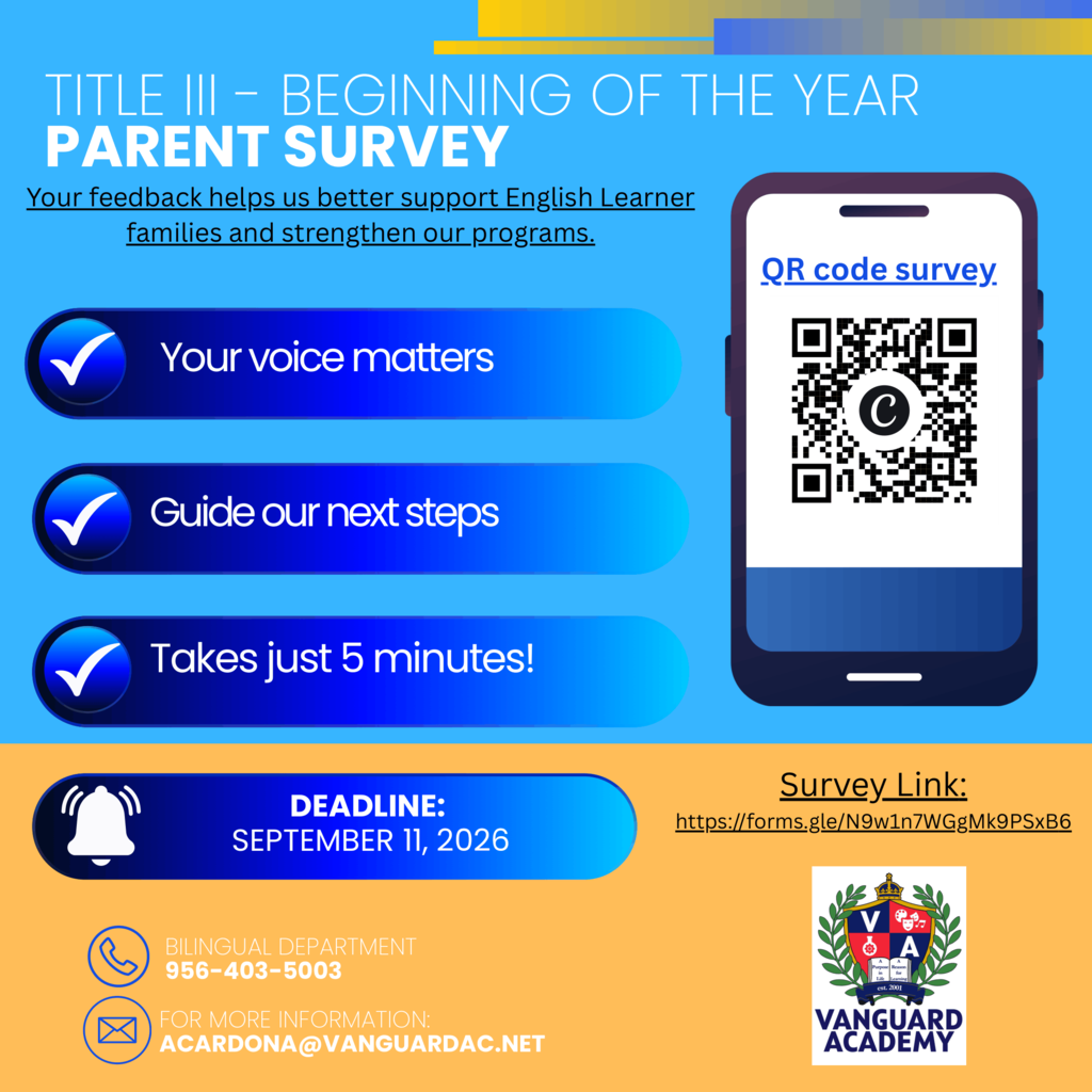 Digital flyer for the Parent Survey. Includes QR code, deadline, and contact info. Background in yellow and orange.