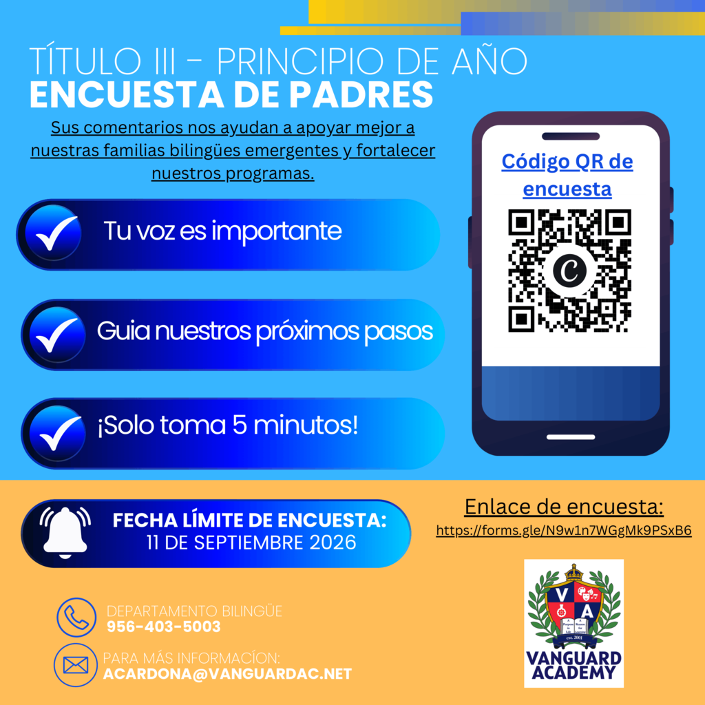 Digital flyer for the Parent Survey. Includes QR code, deadline, and contact info. Background in yellow and orange.