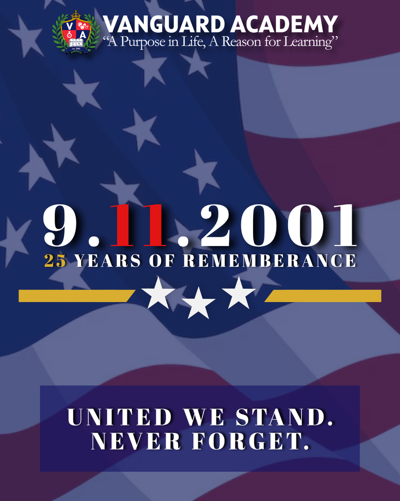 Commemorative design with American flag background. Features stars and text marking 25 years of remembrance for 9/11.