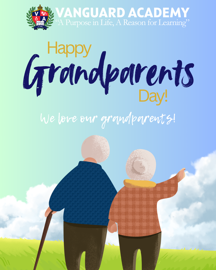 Poster with blue sky background. Elderly couple holding hands, walking in a field. Text reads "Happy Grandparents Day!"