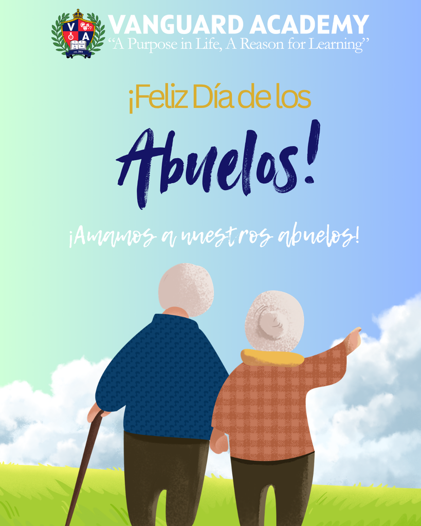 Poster with blue sky background. Elderly couple holding hands, walking in a field. Text reads "Happy Grandparents Day!"