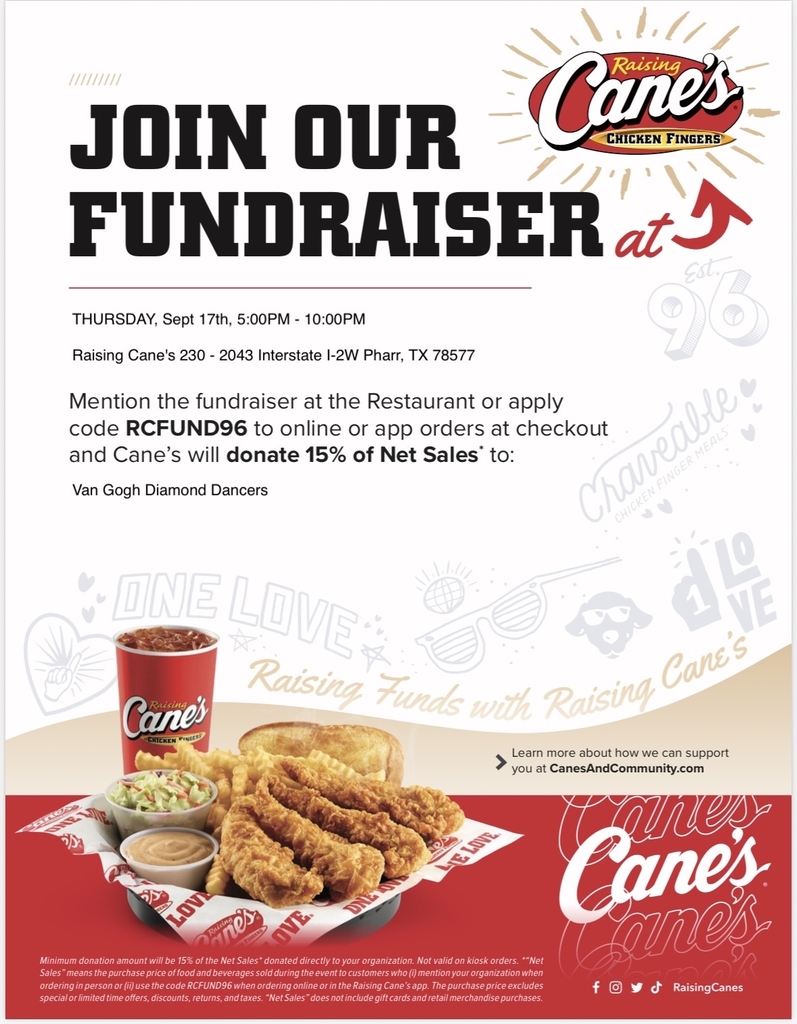 An advertisement for a fundraiser at Cane's Chicken Fingers. The poster features a meal with fried chicken, coleslaw, and dipping sauces.