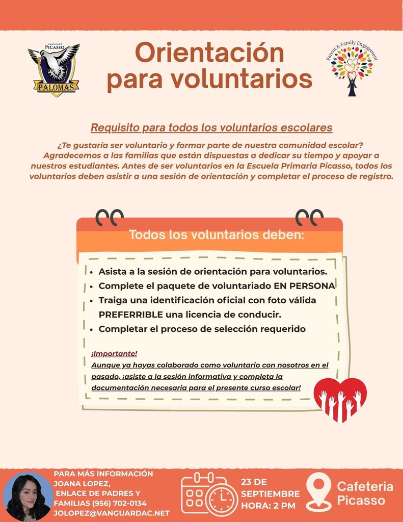 Orientation for school volunteers. Text in Spanish. Includes steps and schedule. Date: September 23, 2023. Time: 2:00 PM. Location: Cafeteria Picasso.