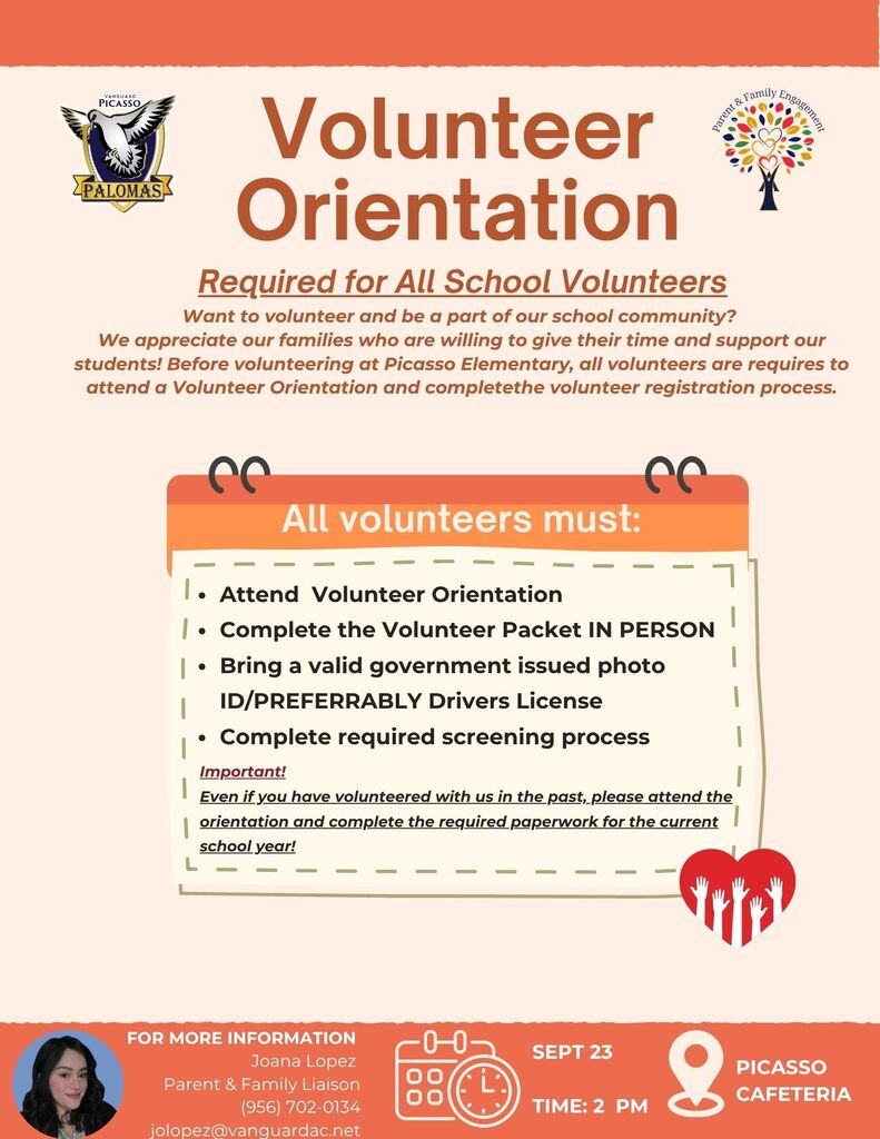Flyer with "Volunteer Orientation" header. List of requirements: attend orientation, ID, drivers license, screening. Contact info at bottom.