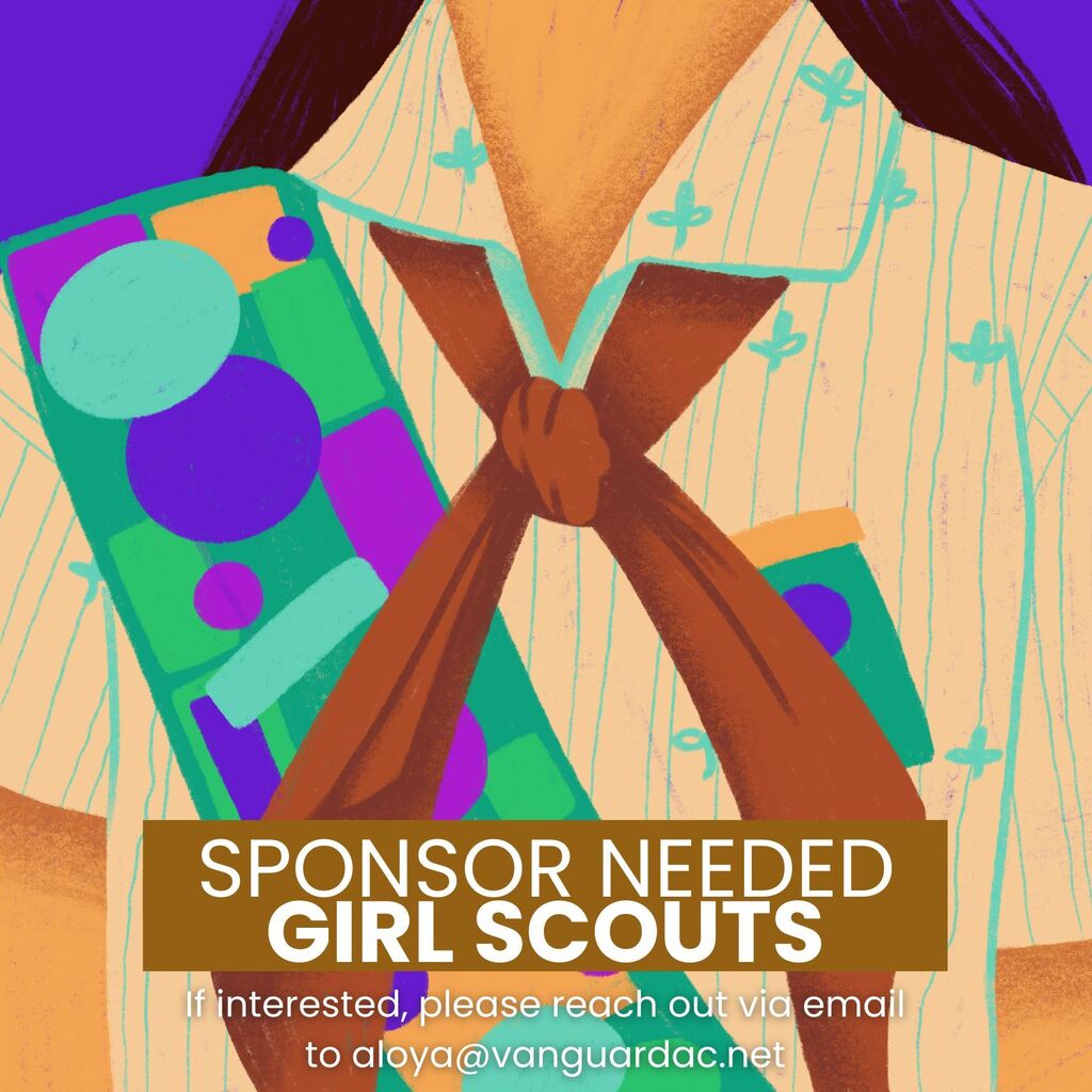 Illustration of a Girl Scout with uniform, neckerchief, and colorful sash. Text reads "Sponsor Needed Girl Scouts". Email address provided.