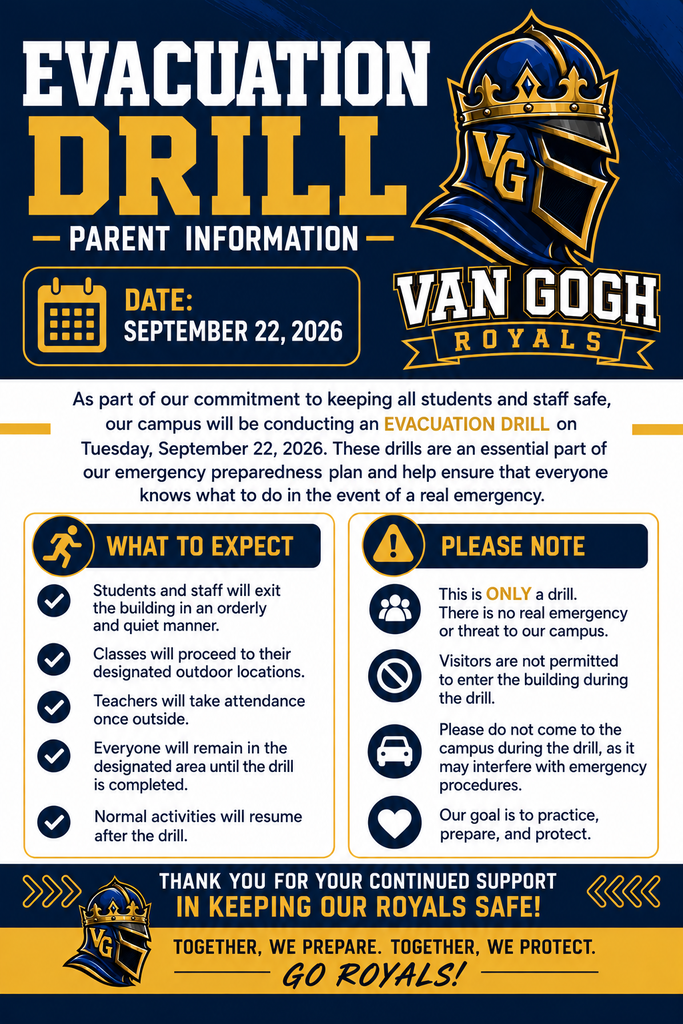 Poster reads: Evacuation Drill. Parent Information. Date: September 22, 2026. Van Gogh Royals. Information on what to expect and notes.