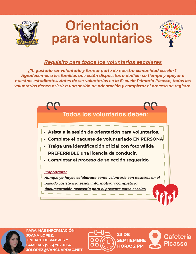 White background with orange accents. Text reads "Orientación para voluntarios" and includes instructions and requirements. An illustration of a tree and a logo at the top.
