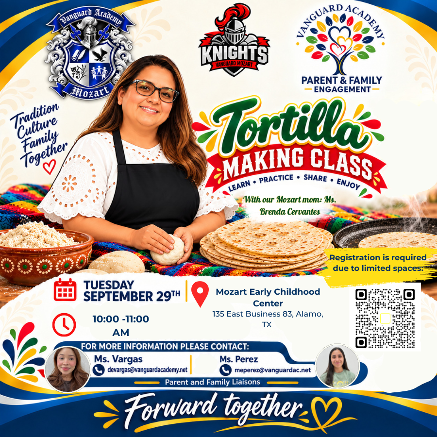 A flyer shows a woman wearing glasses and an apron, rolling out tortillas. Date and time of class, location, and contact information are listed.
