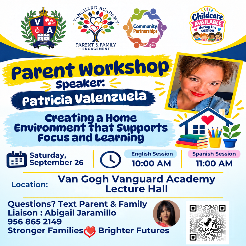A workshop flyer features Patricia Valenzuela as the speaker. Two sessions are listed: English at 10:00 AM and Spanish at 11:00 AM.