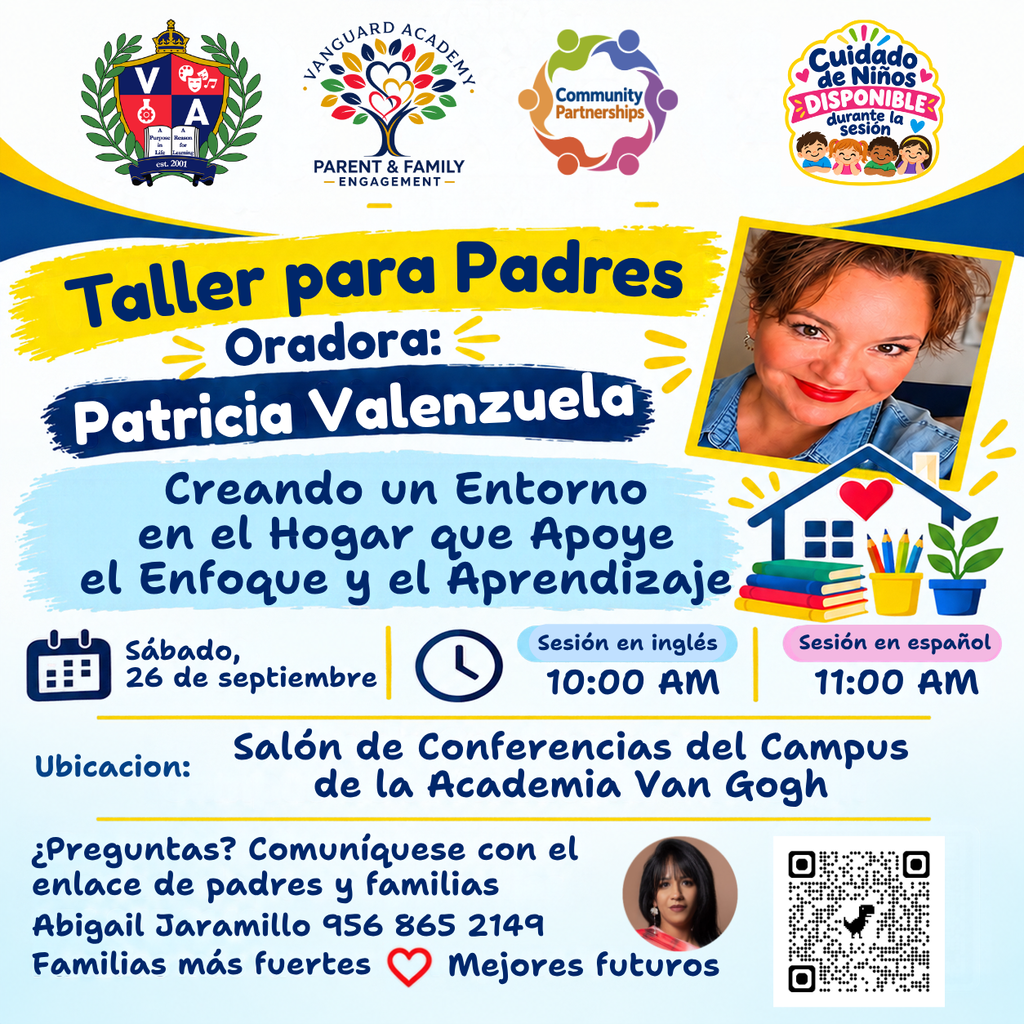 A workshop flyer features Patricia Valenzuela as the speaker. Two sessions are listed: English at 10:00 AM and Spanish at 11:00 AM.
