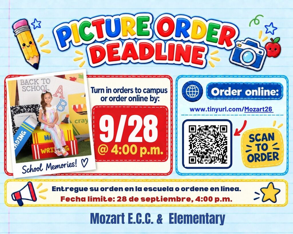 Bright graphic with "Picture Order Deadline" in red letters. Deadline date 9/28, time 4:00 p.m. QR code for online ordering. Icons include pencil, camera, and megaphone.