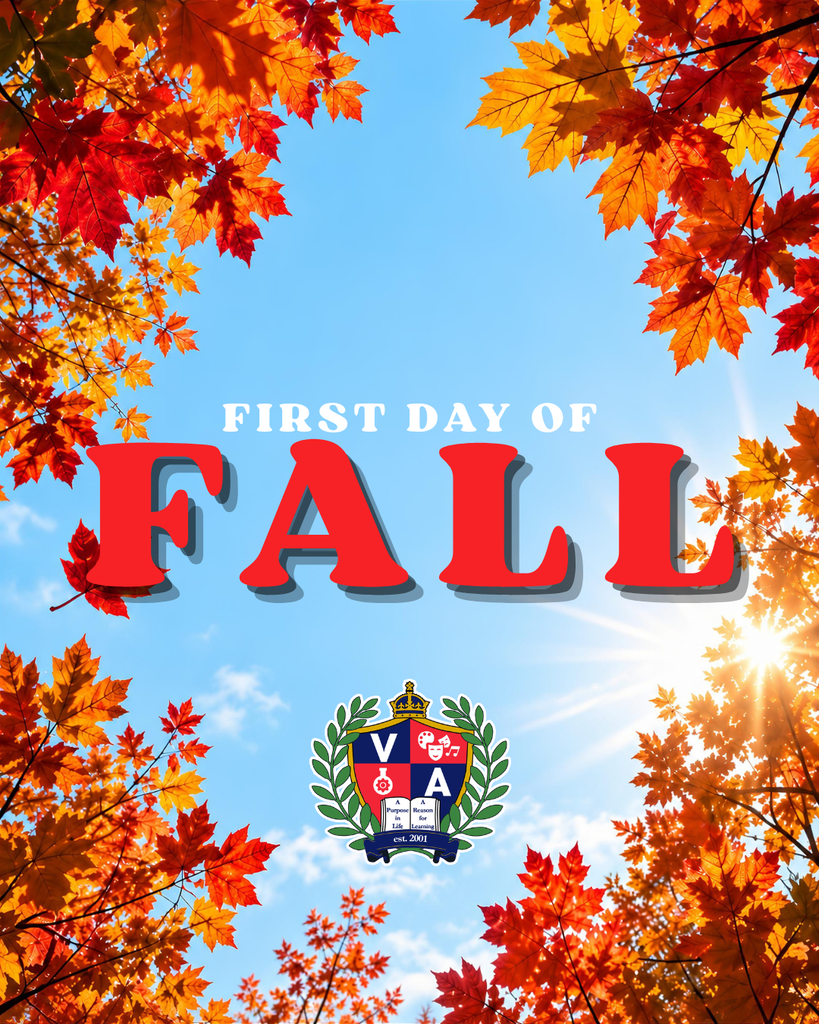 A colorful autumn scene with leaves in orange, red, and yellow, and a logo below the text "First Day of Fall".