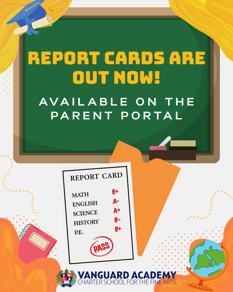 Green chalkboard with "Report Cards Are Out Now!" and "Available on the Parent Portal." Surrounding items include a graduation cap, books, and a globe.