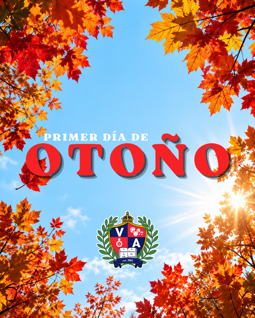 Autumn theme with text "Primer Día de Otoño" in Spanish. Colorful leaves surround text and logo. Blue sky visible.