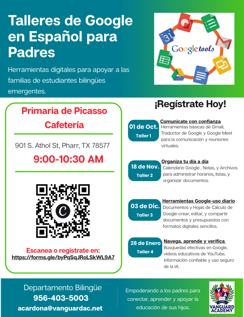 Poster featuring "Talleres de Google en Espanol para Padres" with a QR code. It lists workshop dates, times, and a registration link.
