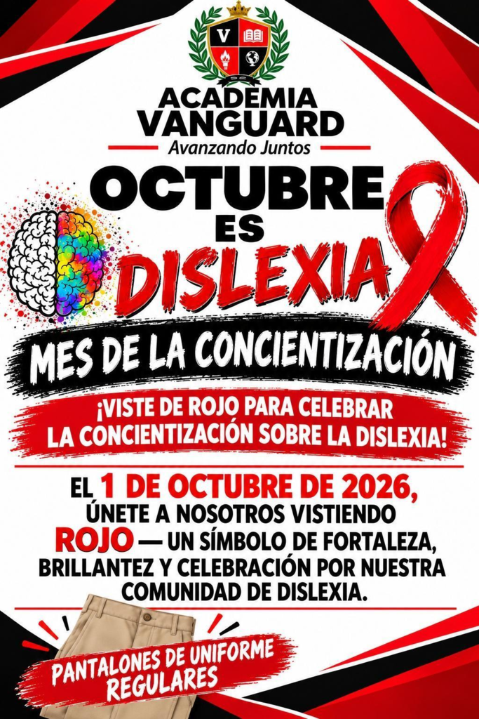 Poster for Academia Vanguard's October event, Dyslexia Awareness Month. Features a red ribbon, a brain graphic, and a color scheme of red, black, and white.