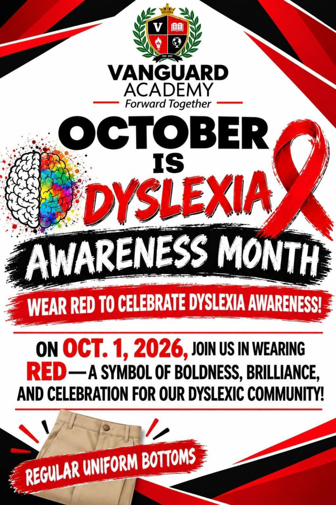 A poster with red, black, and white colors. It features a brain graphic, a red ribbon, and text "OCTOBER IS DYSLEXIA AWARENESS MONTH" above.
