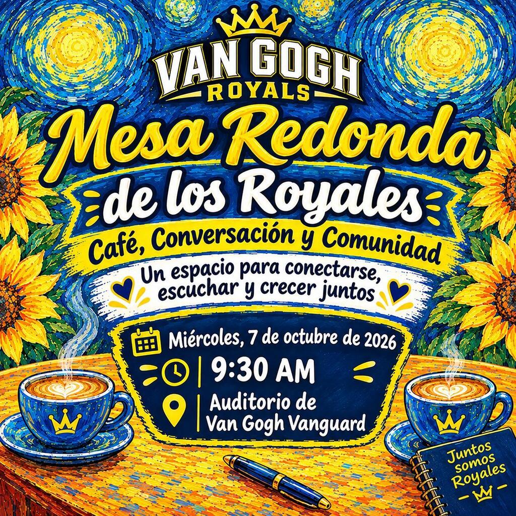 Event flyer with Van Gogh painting style. Two coffee cups on saucers with yellow sunflowers in the background. Date and location listed.