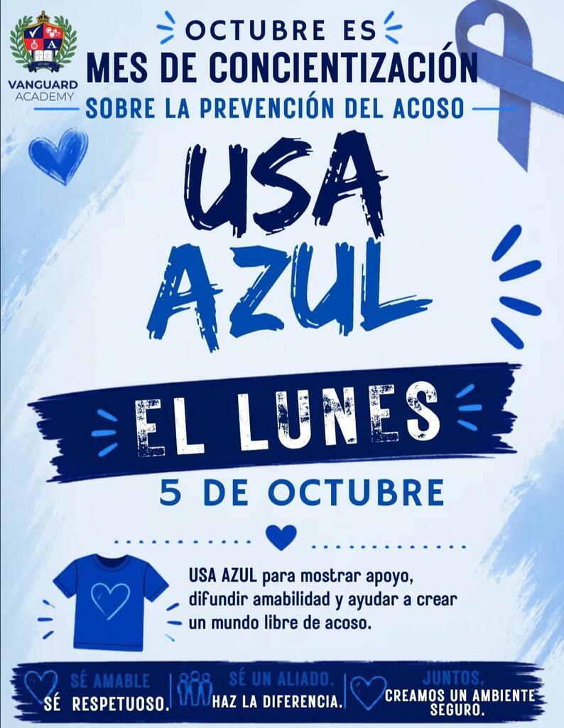 Poster with blue ribbon and text in blue and white fonts. Blue heart on a shirt. Text reads "Octubre es Mes de Concientización sobre la Prevención del Acoso."