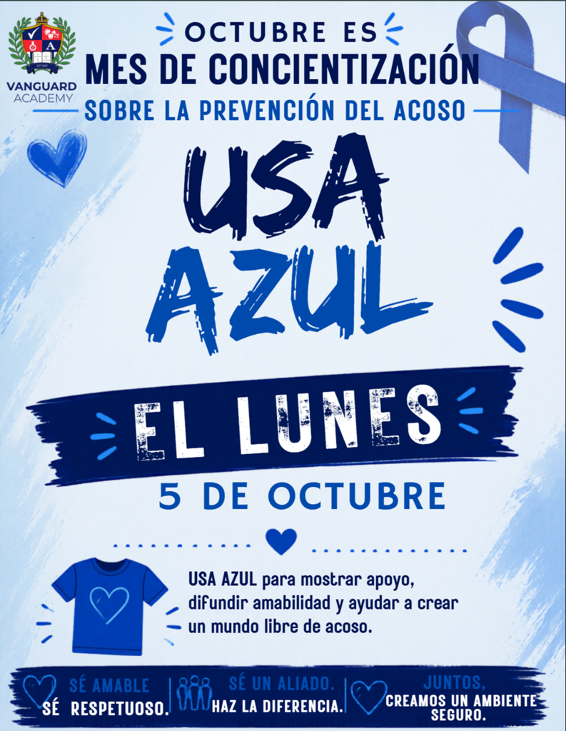 An awareness poster for October's National Bullying Prevention Month, featuring a blue ribbon, hearts, and text in blue.