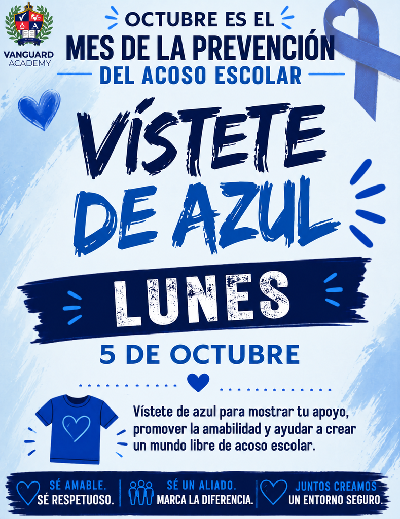 Blue background with text "Visite de azul lunes 5 de octubre" and a blue ribbon. It encourages wearing blue to show support.