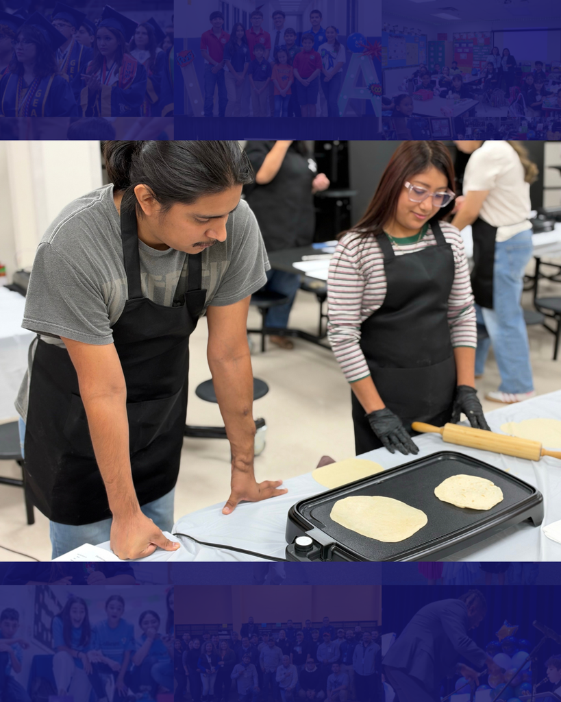 Two individuals wearing aprons and gloves in a classroom, working on a griddle with tortillas.