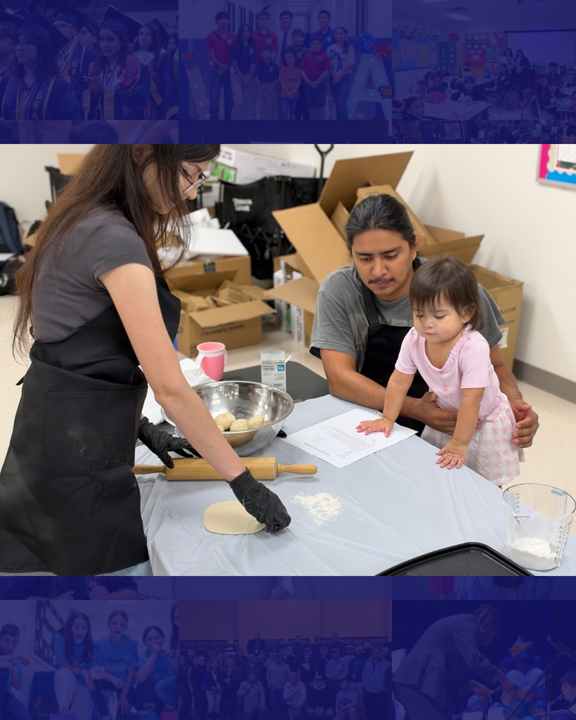 A woman wearing a black apron rolls out dough while a man and a young child look on.