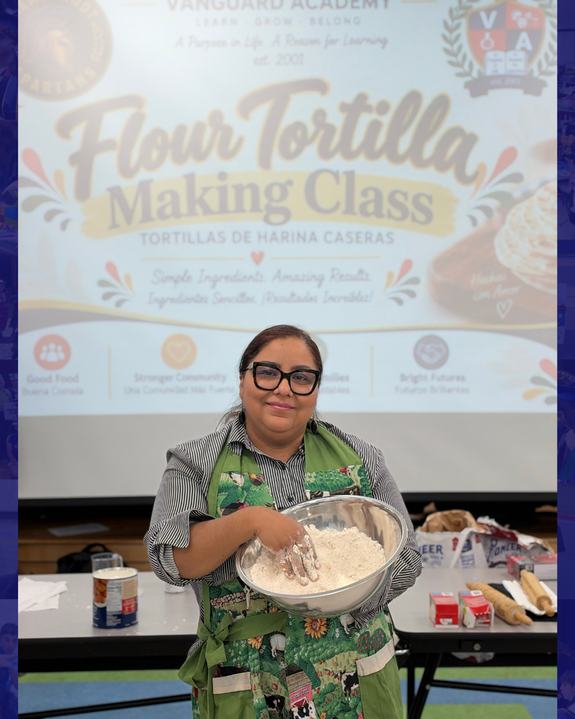 Woman with glasses holds a bowl of flour in front of a screen that reads "Flour Tortilla Making Class".