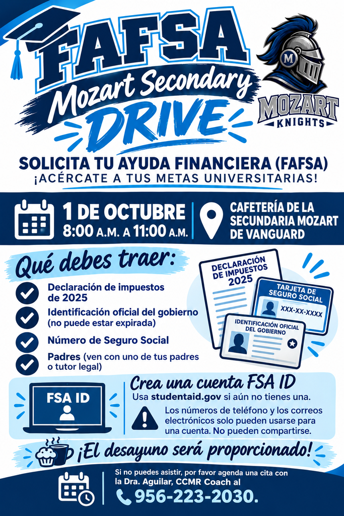 Poster with blue and white colors and icons. Lists items needed for FAFSA, like a government ID and Social Security number.