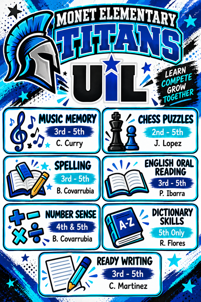 A vibrant poster with a blue and white background. It features the Monet Elementary Titans logo. Subjects include music memory, chess puzzles, spelling, English oral reading, number sense, A-Z dictionary skills, and ready writing.