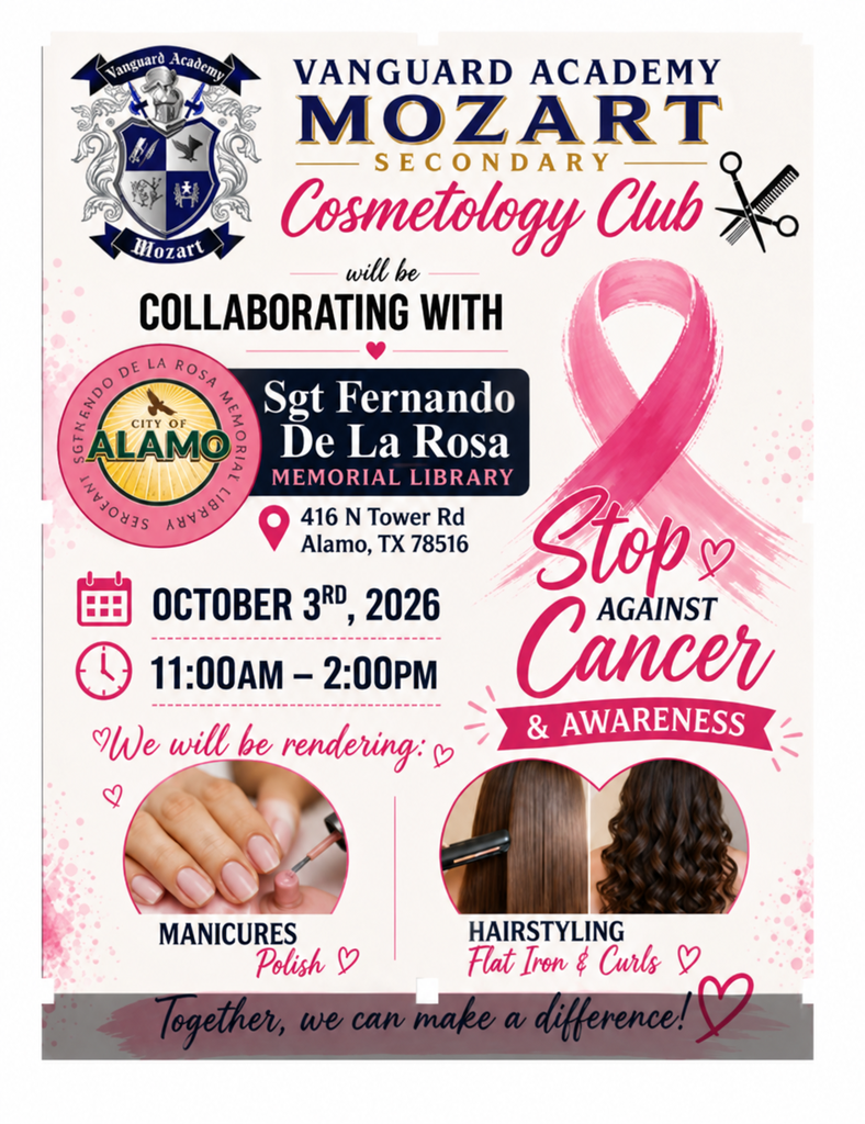 An event flyer for a cosmetology club. It says "Stop Against Cancer & Awareness" with a pink ribbon. It includes a map, date, and times.