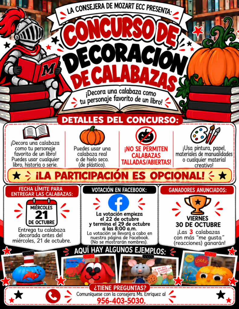 A poster with a knight, pumpkin, and books. The poster reads "Concurso de Decoracion de Calabazas" with details in Spanish.