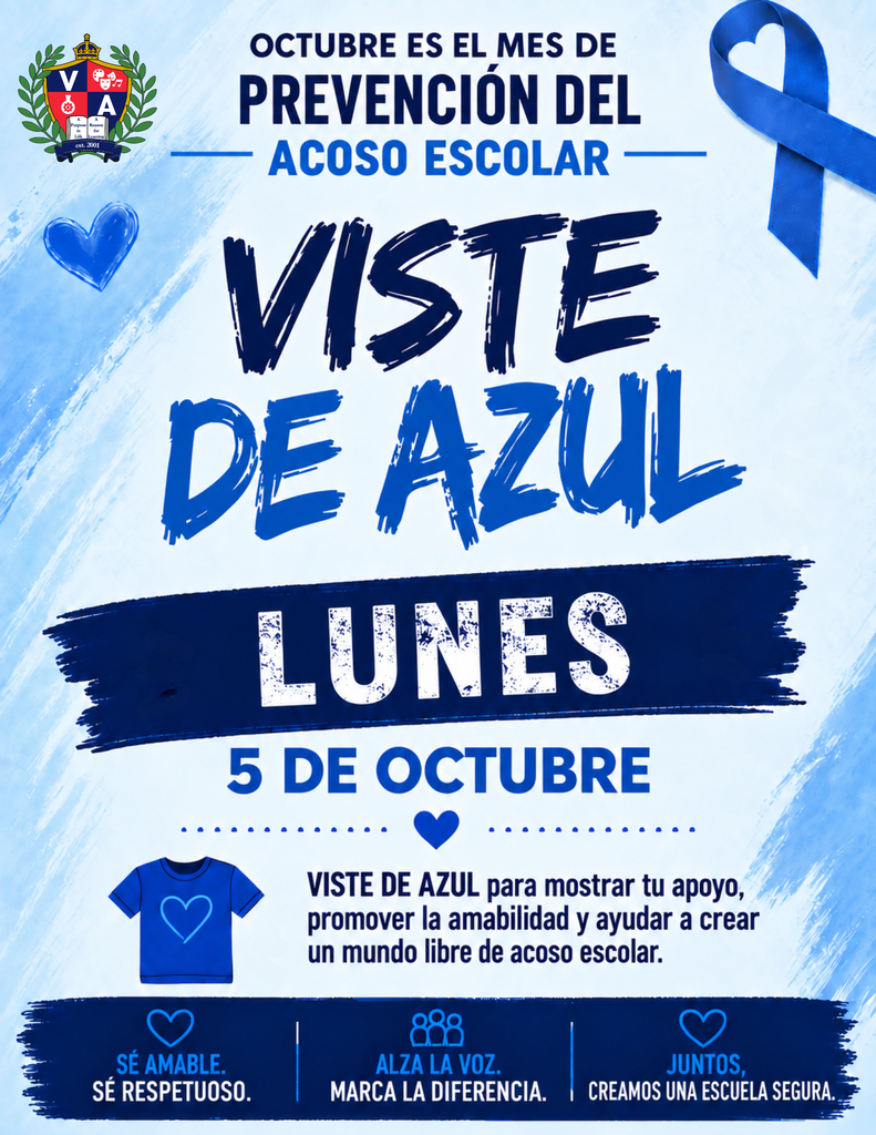 A poster with blue background. "Wear Blue Monday, October 5" is on a blue ribbon. "Be Kind, Be Respectful" and "Make A Difference" are included.