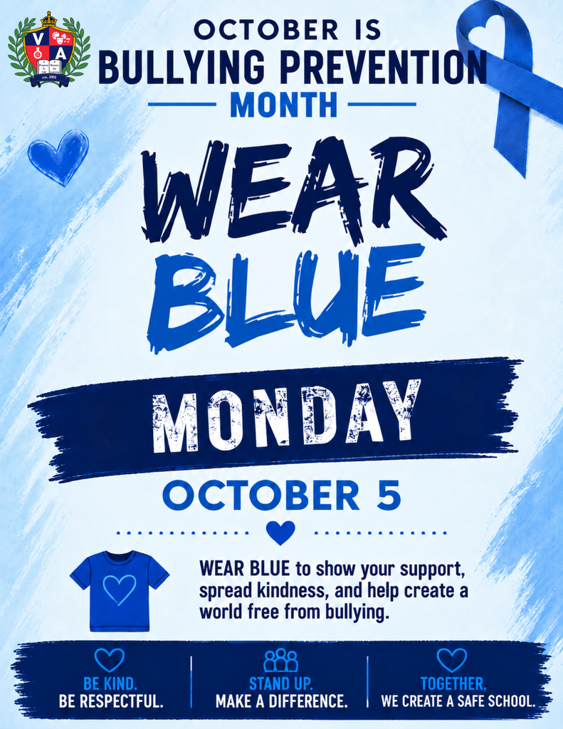 A poster with blue background. "Wear Blue Monday, October 5" is on a blue ribbon. "Be Kind, Be Respectful" and "Make A Difference" are included.