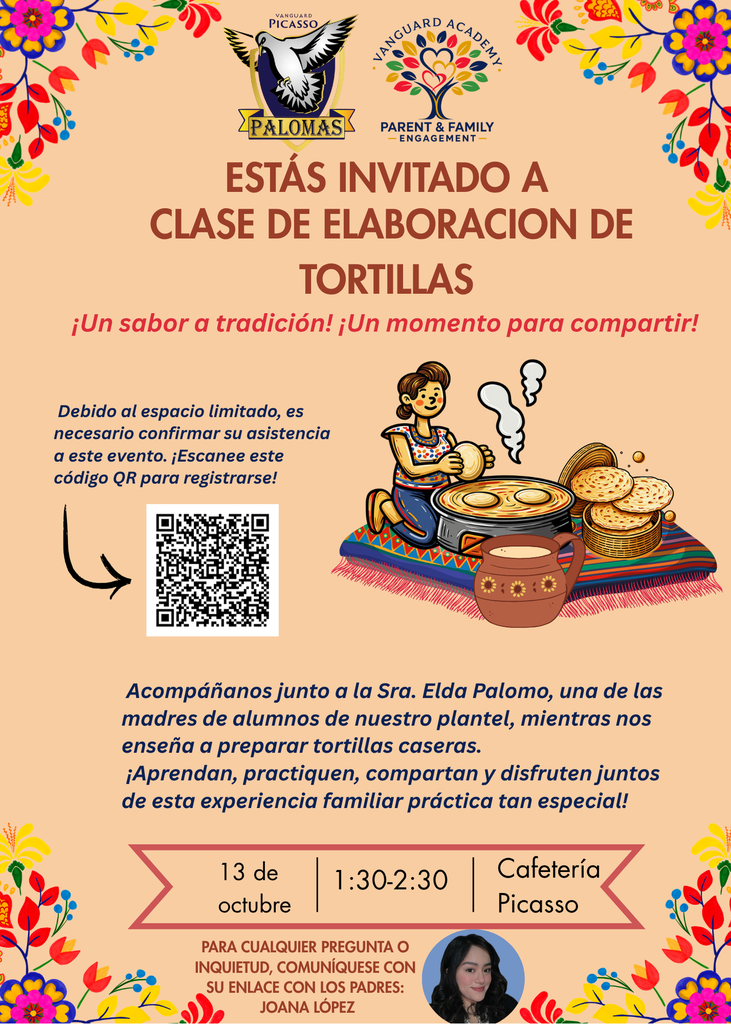 Poster with colorful background. Text reads "Estas invitado a clase de elaboracion de tortillas." QR code present.