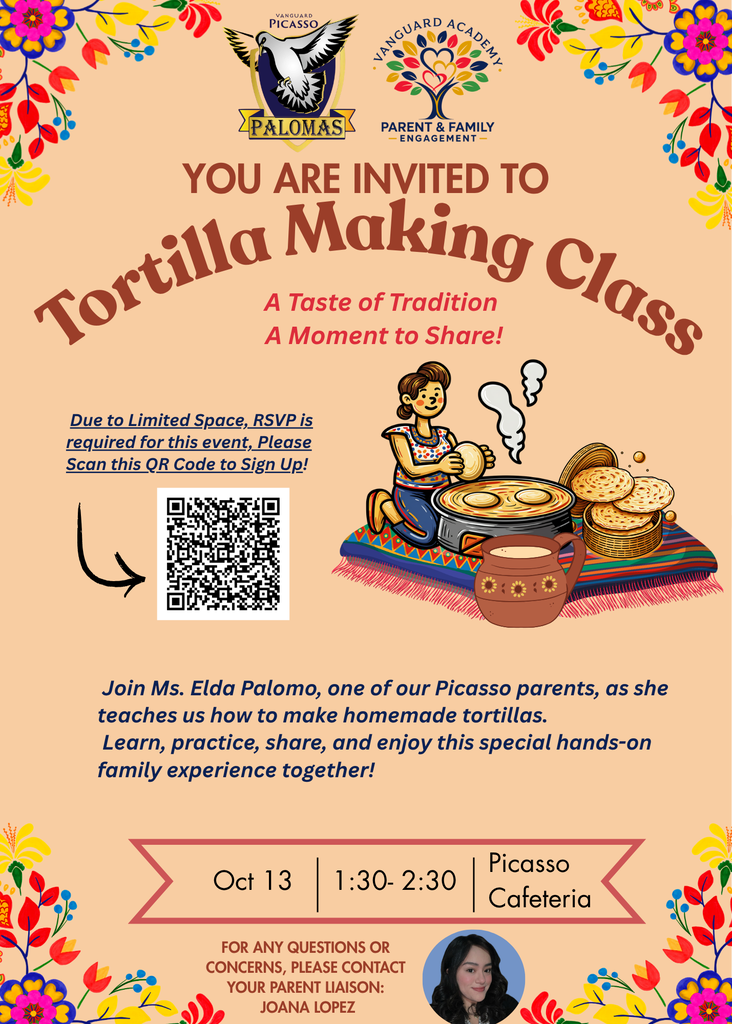 An event flyer with a colorful border. It invites participants to join a tortilla making class with Ms. Elda Palomo. QR code for RSVP.