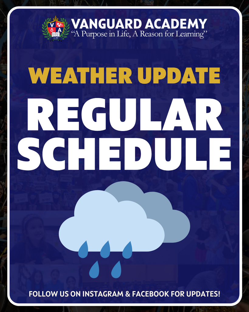 Blue background with white text reading "Weather Update Regular Schedule" above an icon of a cloud with rain.