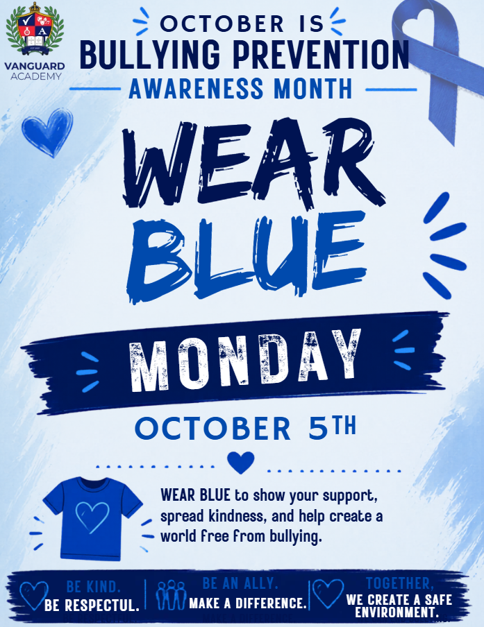 Poster with blue background, text "Wear Blue Monday, October 5th" and a blue ribbon. Blue T-shirt and hearts with text.