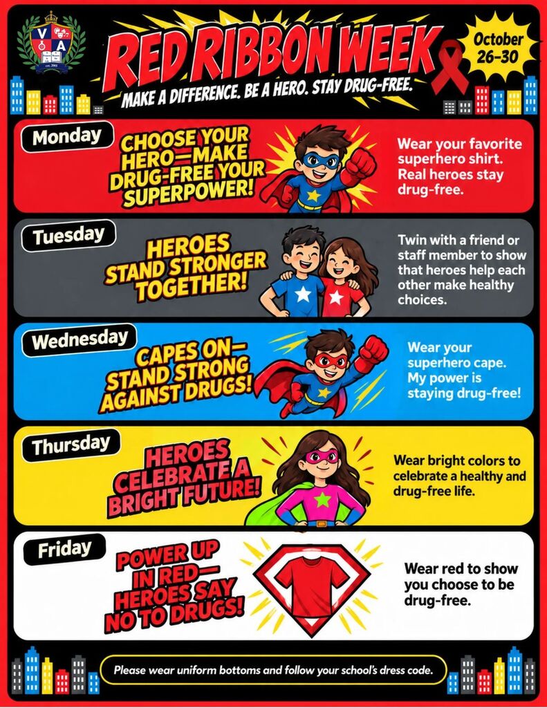 A poster with five days' activities for Red Ribbon Week. Each day has a theme and suggested activity.