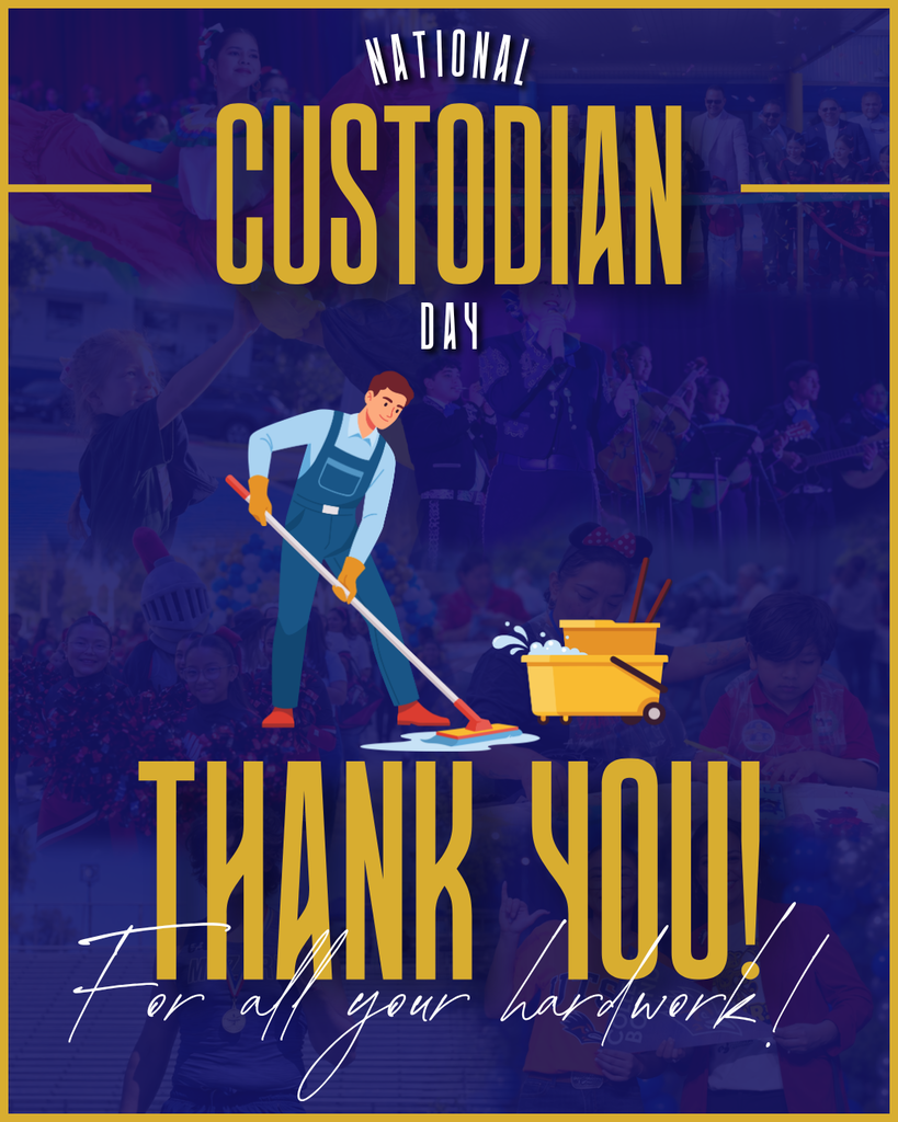 Poster celebrating National Custodian Day with a custodian cleaning, a yellow bucket, and blurred people in the background.