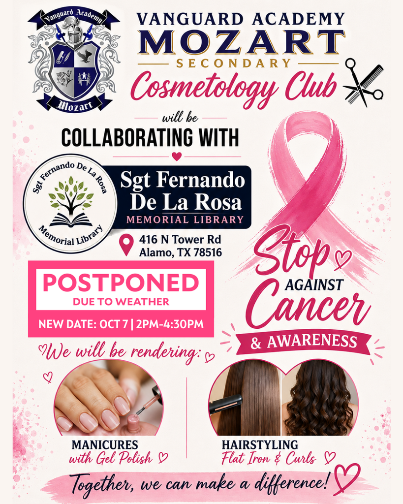 Advertisement poster for Vanguard Academy Mozart Cosmetology Club event. Features icons of hands and hair. Pink ribbon and text read "Stop Cancer & Awareness."