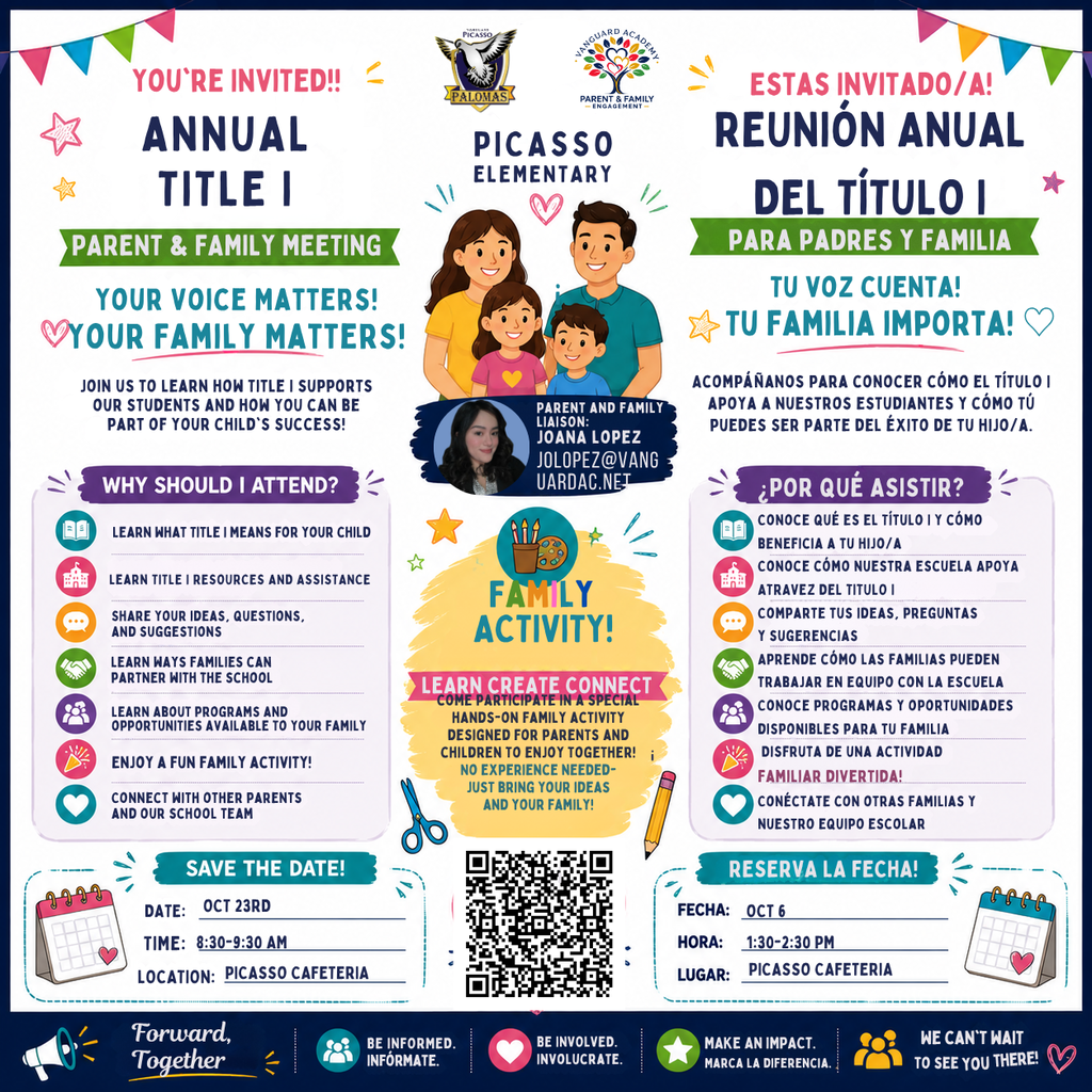 A poster with text in English and Spanish. It invites families to a parent and family meeting.