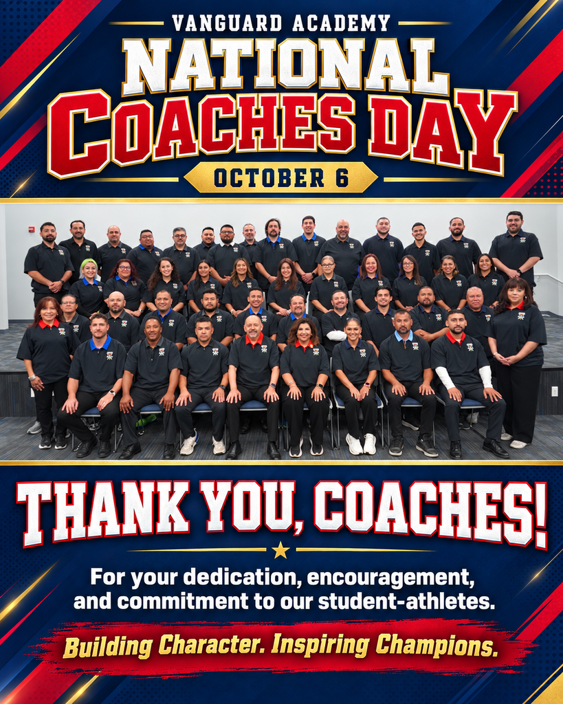 A group of coaches wearing matching black polos and pants stands on a stage. Text reads "National Coaches Day October 6" and "Thank You, Coaches!"