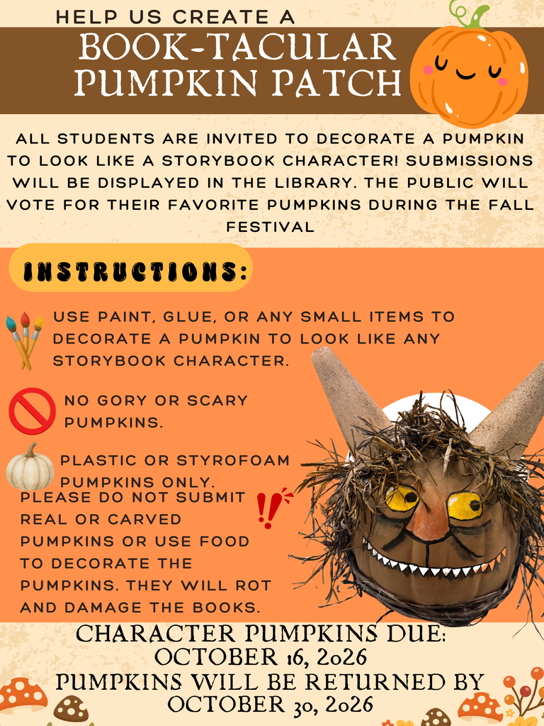 Bright banner for an event. Pumpkins to decorate as storybook characters. Deadlines and guidelines listed.