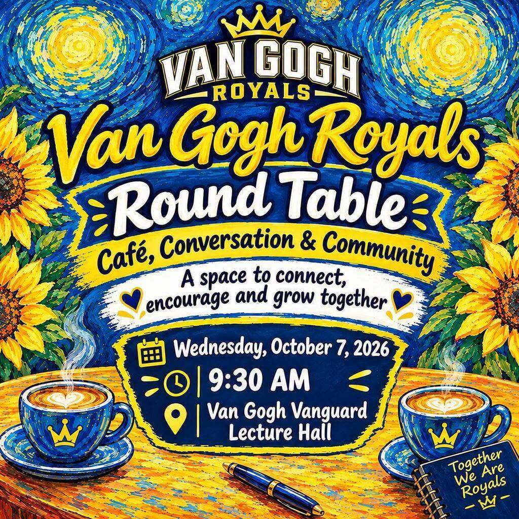A poster with a sunflower pattern in the background. It features a table with cups of coffee.