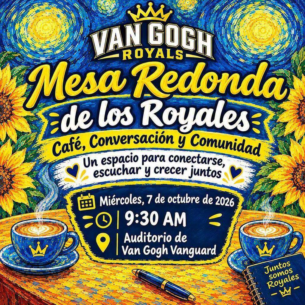 An event flyer features a table with two cups of coffee, a pen, and a yellow sunflower pattern.