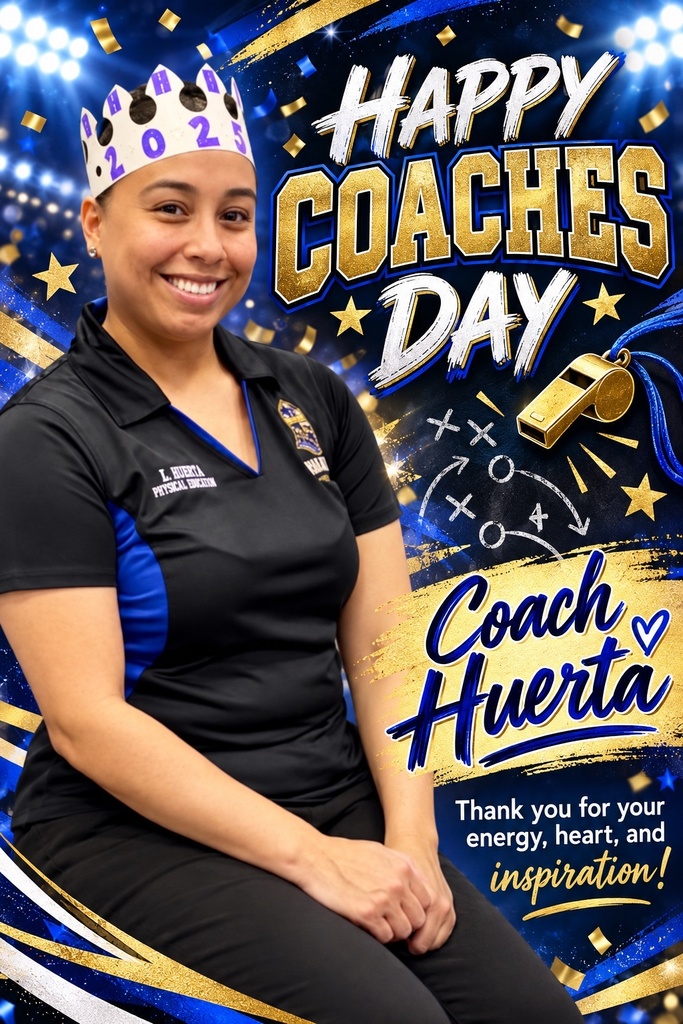 A woman wearing a black shirt with "Coach Huerta" written on it. She is smiling and sitting. The background is blue with a gold whistle and stars.
