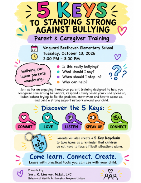 A flyer with colorful text, icons, and questions. It provides information about a training session for parents and caregivers on standing against bullying.