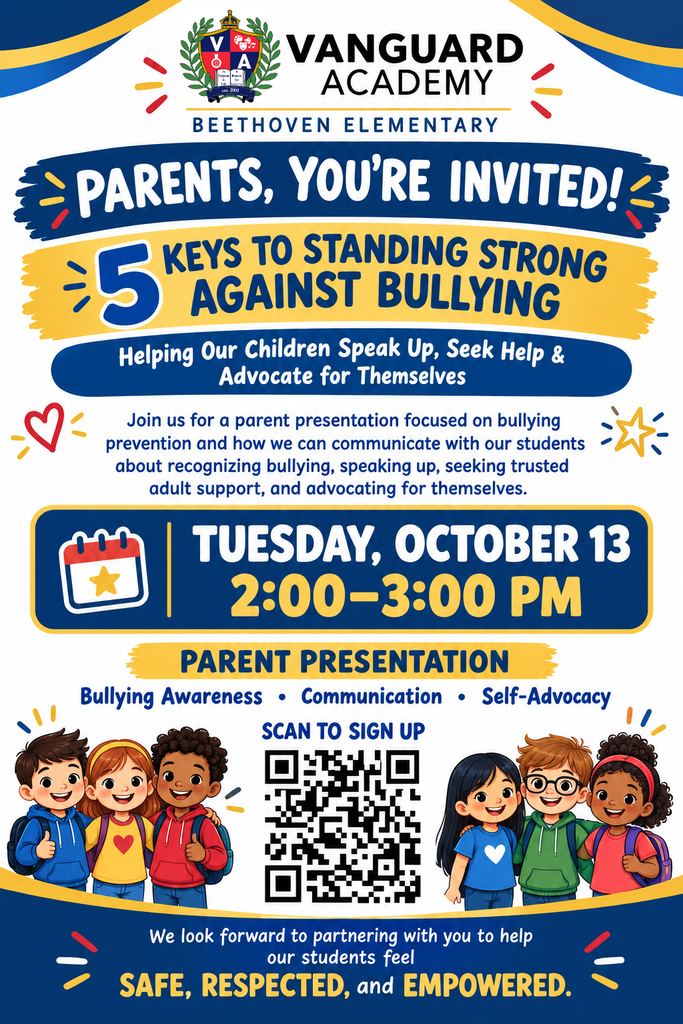 A flyer for a parent presentation titled "Parents, You're Invited! 5 Keys to Standing Strong Against Bullying." It includes a QR code, a date of October 13, and a time of 2:00-3:00 PM.
